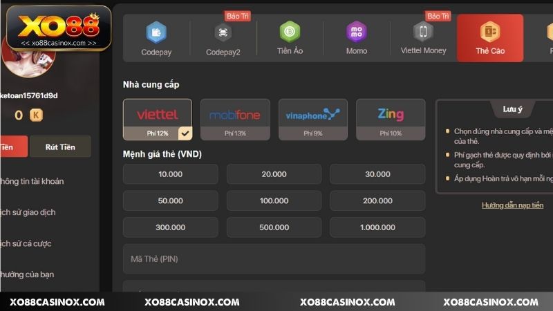 Xo88 chấp nhận nhiều loại thẻ cào phổ biến trên thị trường 